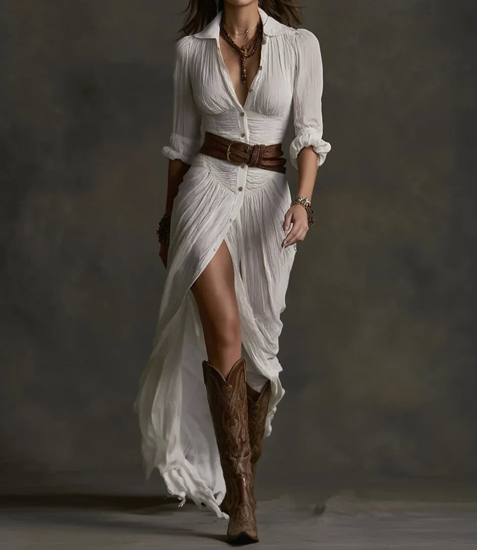 Vestido Largo Plisado con Cinturón Betanzos