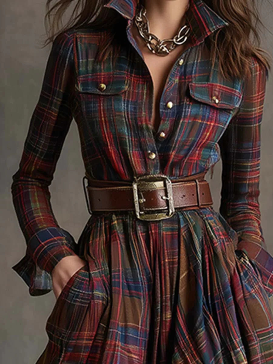Vestido Largo de Cuadros con Cinturón Combarro