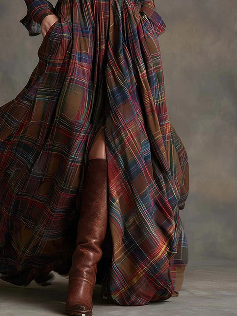 Vestido Largo de Cuadros con Cinturón Combarro